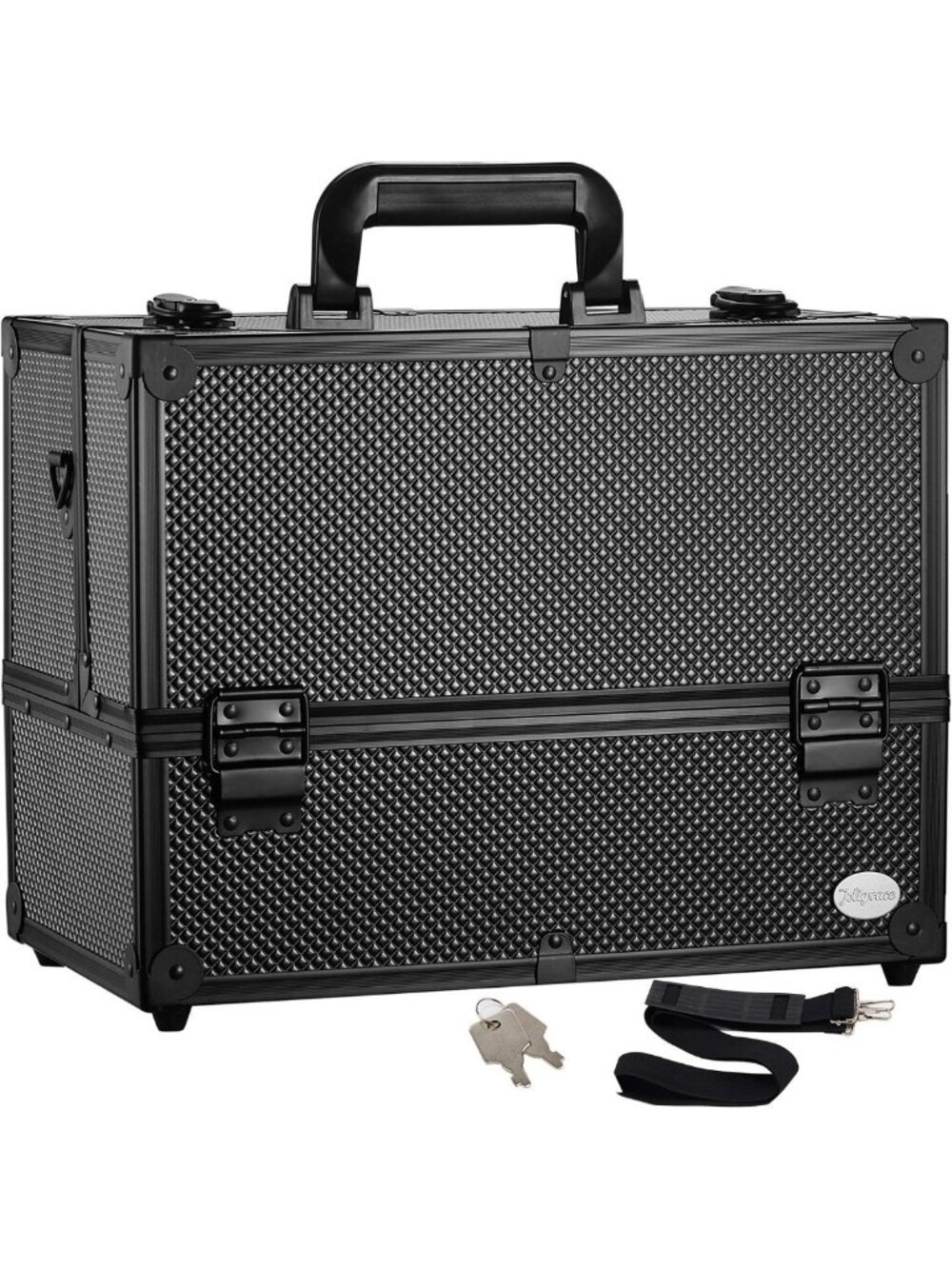 Large Black Makeup Train Case with 6 Adjustable Trays, Lock & Compartments